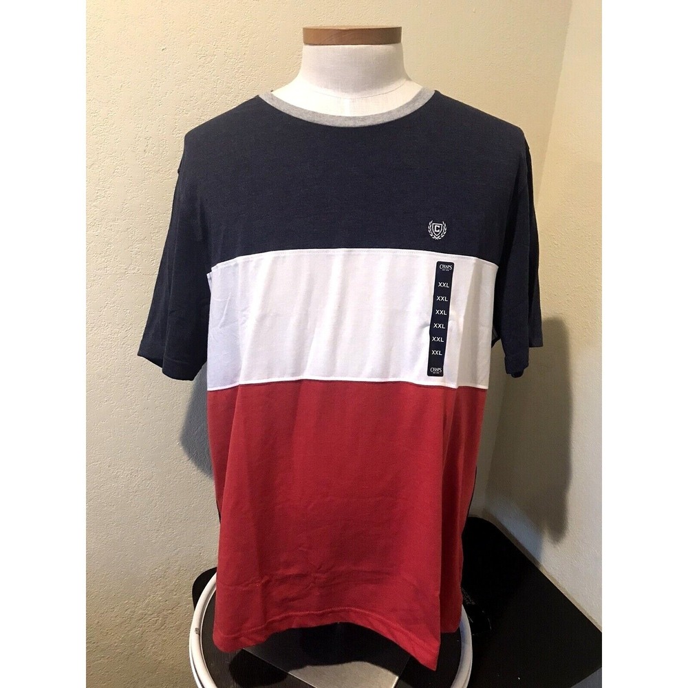 Chaps Mens XXL Colorblock T-Shirt Navy White Red Short Sleeve Crew Neck Logo